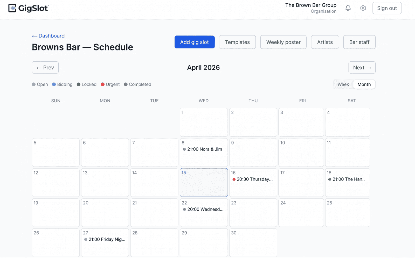 GigSlot scheduling calendar showing gig slots by status