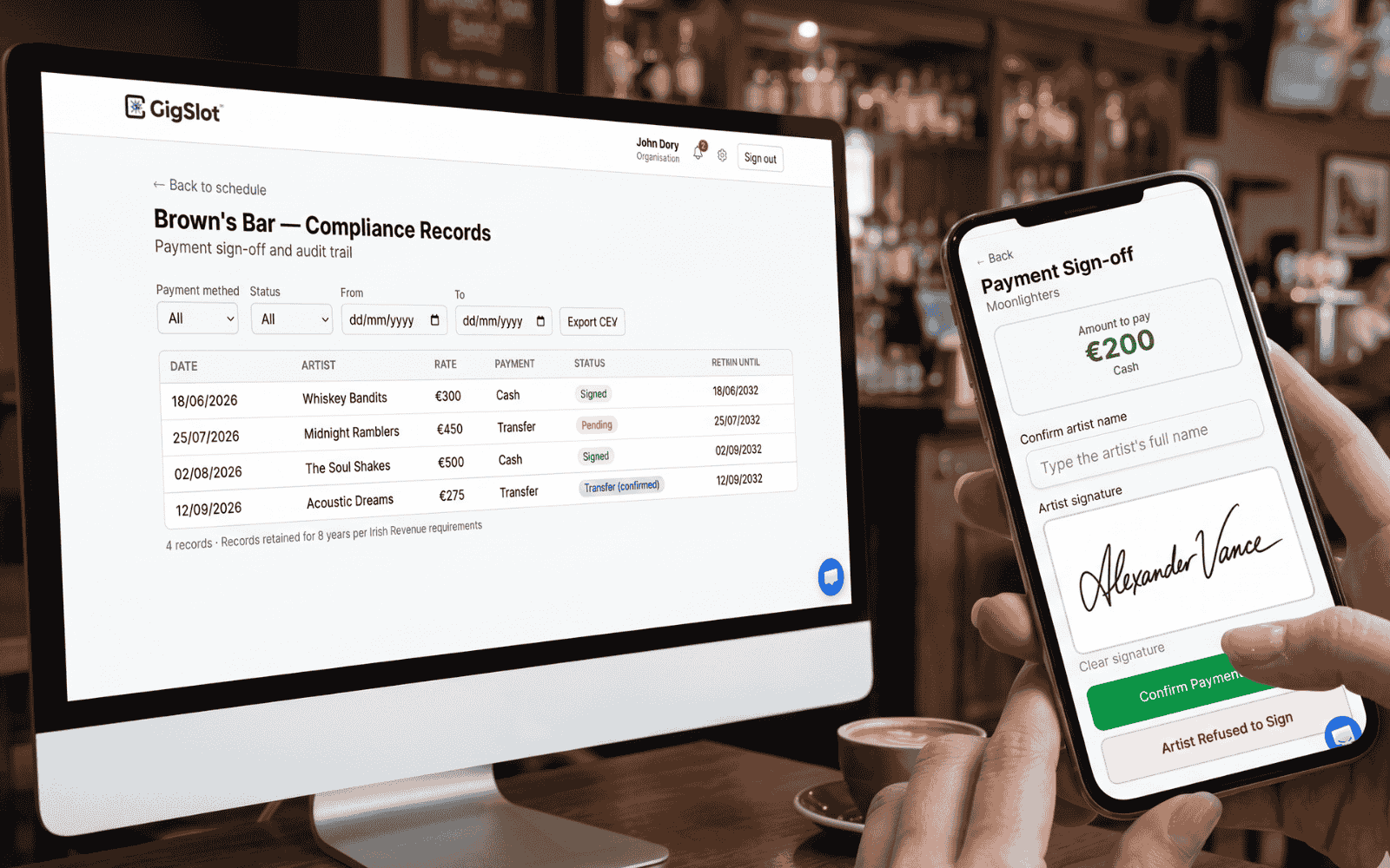 Payment sign-off with digital signature and compliance records audit trail